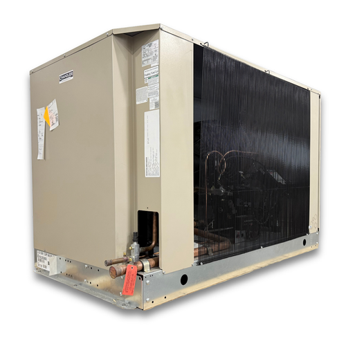 Beige condensing unit with front side view showing labels.