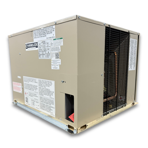 Beige condensing unit with front side view showing labels.