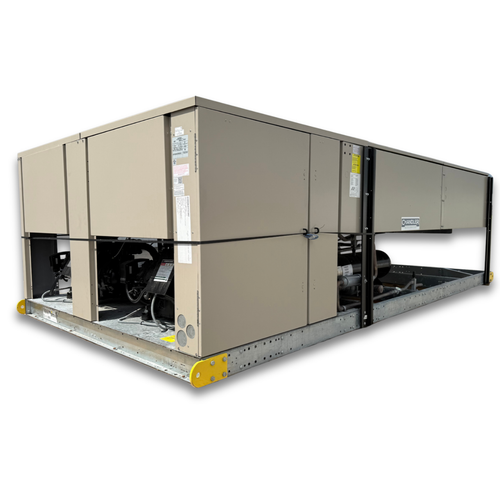 Beige condensing unit front side view showing labels.
