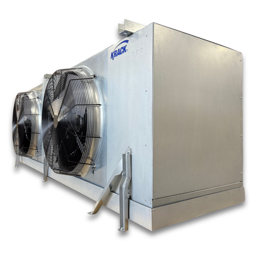 Silver evaporator with two fans front side view showing labels.