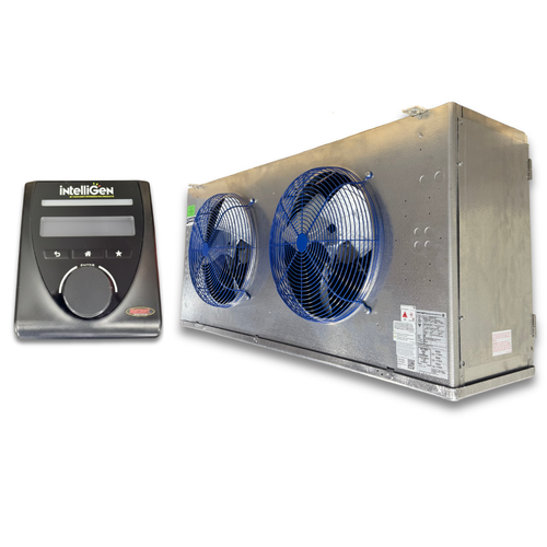 Silver evaporator with two fans front side view showing labels with IntelliGen Controller.