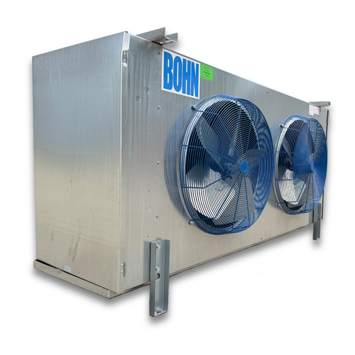 Silver evaporator with two fans front side view showing labels.