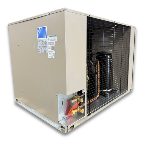 Beige condensing unit front side view showing labels.