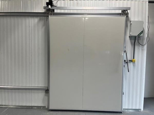 Off-white electric sliding cooler-freezer door