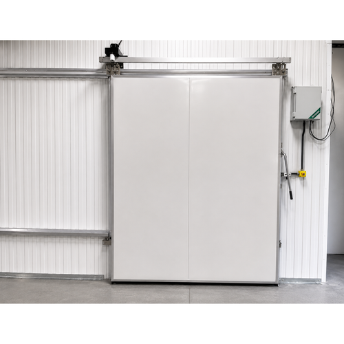 Off-white electric sliding cooler-freezer door