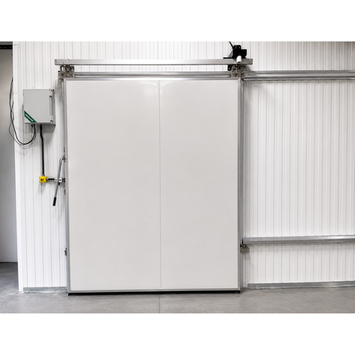 Off-white electric sliding cooler-freezer door