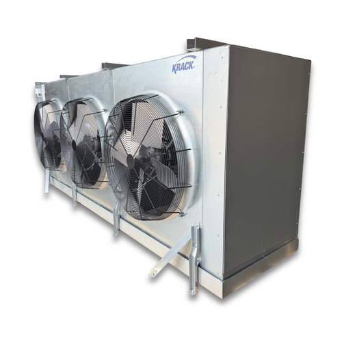 Silver evaporator with 3 fans front side view showing labels.