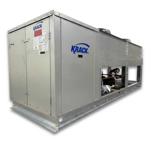 Gray condensing unit front side view showing labels.