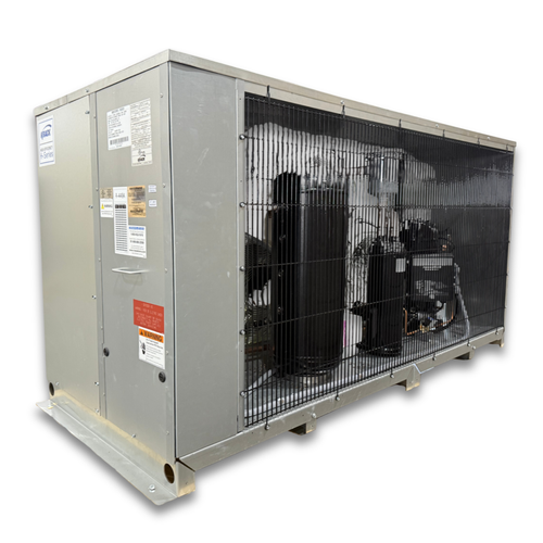 Gray condensing unit front side view showing labels.