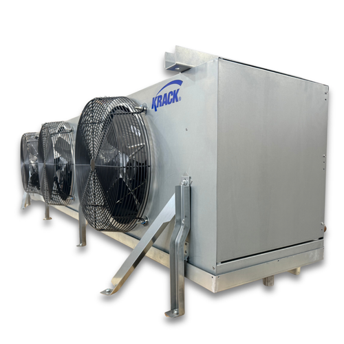 Silver evaporator with three fans front side view showing labels.