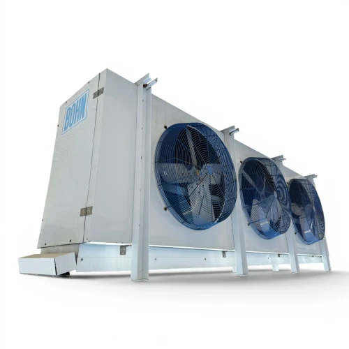Front-left view of a used Bohn evaporator, a white fan coil unit with three round blue-grille fans and a Bohn logo.