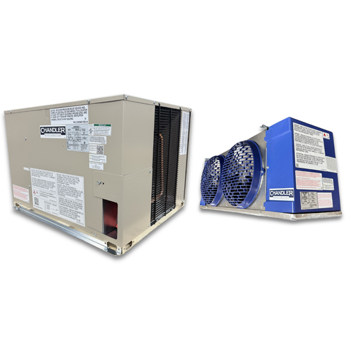 Beige condensing unit front view with a shadow and a blue and gray evaporator unit front view with two fans