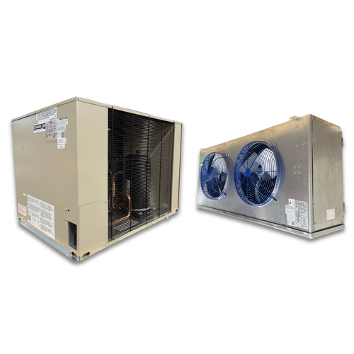 Gray condensing unit front side view showing labels and gray evaporator with two fans front side view showing labels.