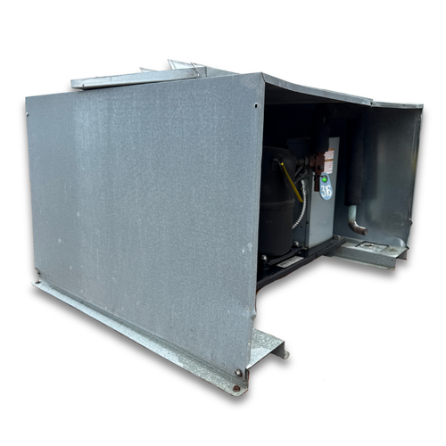Gray condensing unit front side view showing labels.