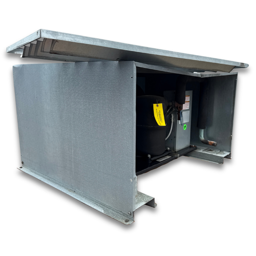 Gray condensing unit front side view showing labels.