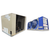 Beige condensing unit front side view showing labels blue/gray evaporator with two fans front side view showing labels.