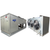 Gray condensing unit front side view showing labels and gray evaporator with three fans front side view showing labels.