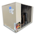 Beige condensing unit front side view showing labels.