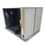 Used beige condensing unit front side view showing labels.