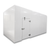 White walk-in cooler unit with closed hinged door, featuring insulated panel walls and a stack of ceiling panels
