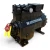 Front-right view of the used Copeland CR53KQ-TF5 4 HP Discus compressor (3 phase, 208-230 volt), showing the nameplate with model and serial data, a red round tag and yellow "ADD OIL" tag hanging on the right near an exposed shaft/valve fitting.