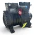 Front view of the used Copeland NRB2-040A-TFD 4 HP semi-hermetic compressor (3 phase, 460 volt) with the red round "486" tag prominent in the foreground, the blue-capped fitting, and a yellow paper tag hanging near the base.