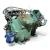 Front-right three-quarter view of the used Carlyle 06EZ450370 15 HP compressor (3 phase Dual Voltage), showing an open terminal box with a tangle of colored control wires, a blue oil-safety switch canister labeled "S-9130" at the left, and a rust-streaked coupling flange with a foil-wrapped stub at the right.