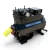 Straight-on front view of the used Copeland 3DB3-F33KE-TFC 7.5 HP compressor, 3 phase 208-230 volt, with a black housing, blue Copeland Discus nameplate, and a yellow "add oil to compressor" tag hanging near the base.