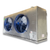 Silver evaporator with two fans front side view showing labels.