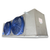 Silver/blue evaporator with two fans front side view showing labels.