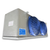 Silver/blue evaporator with two fans front side view showing labels.