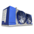 Blue/gray evaporator with two fans front side view showing labels.