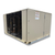Beige condensing unit with side front view showing labels.