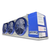 Blue/gray evaporator with 3 fans showing front side view showing labels