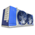 Blue/gray evaporator with two fans front side view showing labels.