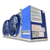 Blue/gray evaporator with two fans front side view showing labels.
