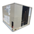 Beige condensing unit with front side view showing labels.