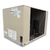 Beige condensing unit with front side view showing labels.