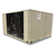Beige condensing unit with side front view showing labels.