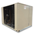 Beige condensing unit with front side view showing labels.