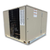 Beige condensing unit with front side view showing labels.