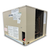 Beige condensing unit with front side view showing labels.