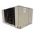 Beige condensing unit with front side view showing labels.