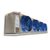 Blue/gray evaporator with four fans front side view showing labels.