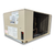 Beige condensing unit front side view showing labels.