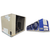 Beige condensing unit front side view showing labels and blue/gray evaporator with four fans front side view showing labels.