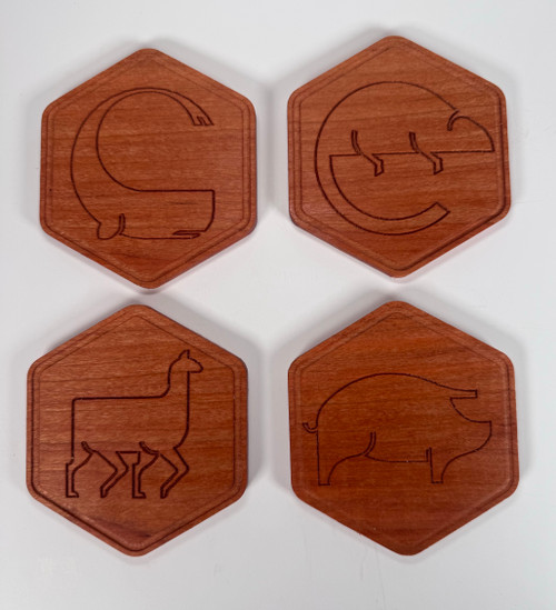Cherry Wood Coasters – Modern Geometric Animal Designs (4 Pack) Cherry Wood Coasters – Modern Geometric Animal Designs (4 Pack)