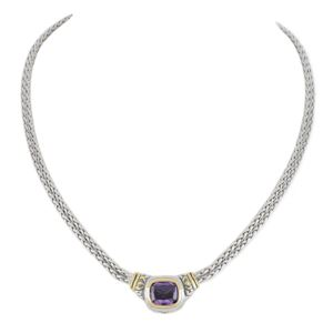 Nouveau Double Strand Necklace. Large Color Cz, Amethyst.  16" L, Settings 1" Lx1/2"W. Rhodium Chain (JGV2G)