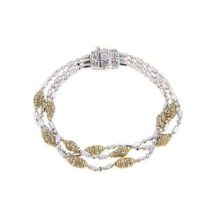 Two Tone- Rhodium And Gold- Beaded Triple Strand Bracelet 7"- Rhodium And Gold (ISKMX)