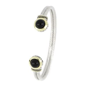 Perola Black Onyx Double Wire 8Mm Cuff Bracelet. 7". End Motif 1/2"X1/2" Diam. (6W66H)